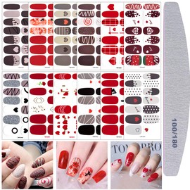 EBANKU Valentine Full Wraps Nail Polish Stickers Hearts Love Solid Color Nail Art Strips Stickers for Women Girls Self-Adhesive Nail Wraps Decals Manicure Kits with Nail Files (12 Sheets)