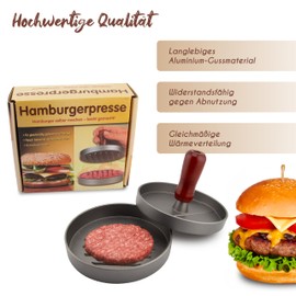 MaxxGoods Burger Press Set Made of Cast Aluminium Diameter 12 cm Round Hamburger Press for Burgers, Patties, BBQ | Non-Stick Coating | Removable Wooden Handle & Grooves for Quick Cooking Times | Paddy