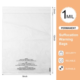 MotiMind 1500 Pcs Self Sealed Clear Poly Bags with Suffocation Warning Clear Poly T-shirt Bags for Packaging, Shipping, Clothes & FBA with Permanent Adhesive(9 x 12 Inch)