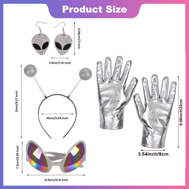 FACATH Silver Alien Costume Headband & Rainbow Lens Glasses Gloves