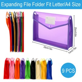 9 Pack Plastic Expanding File Folder, Expanding Folders with Snap Closure, Large Capacity Plastic Accordion File Organizer for Documents, A4/Letter Size, 9 Assorted Colors (9 Colors)