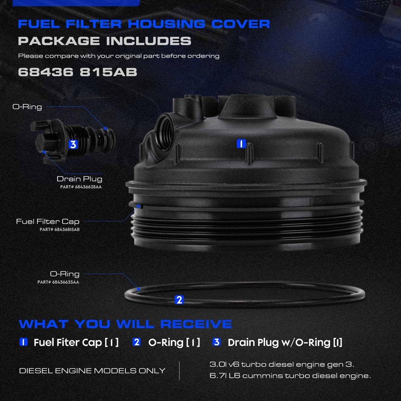 68436815AB Diesel Fuel Filter Housing Emissions Cover Cap Fit for