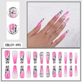 Long Press on Nails Coffin Fake Nails Ombre False Nails Pink Artificial Nails with Rhinestones Designs Extra Long Handmade NailsCute Stick on Nails for Women 24pcs