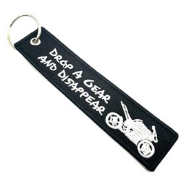 SNS Components Drop A Gear And Disappear Motorbike Biker Black Embroidered Woven Luggage Tag Keyring Keychain