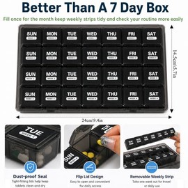 Large Monthly Pill Box Organiser 4 Week & Pill Boxes 1 Times a Day – 28 Day Vitamin Container with Detachable Trays – for Family, Holds Plenty – Choose Black or Colourful (Black)
