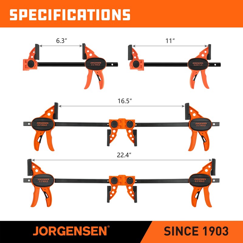 Jorgensen 6" Bar clamps for woodworking - 4-Pack, One-Hand Light