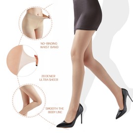 G&Y Women's Backseam Sheer Tights - 20D Control Top Pantyhose with Reinforced Toes (Nude,L)