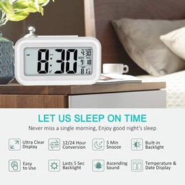 Reloj Despertador Digital, Reloj Despertador con Pantalla LED, Despertadores Electrónicos con Función Snooze,Temperatura, 12/24 H, ℉/℃, Reloj Despertador Junto a La Cama para El Dormitorio De La Oficina En Casa - Blanco