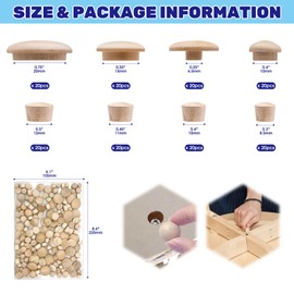 Waltool 160 Pcs 2 Styles Wood Hole Plugs Assortment Set, 3/16 Inch, 5/16 Inch, 3/8 Inch, 1/2 Inch Hardwood Maple Button Cap, Flush Type Wooden Screw Covers for Decor Furniture