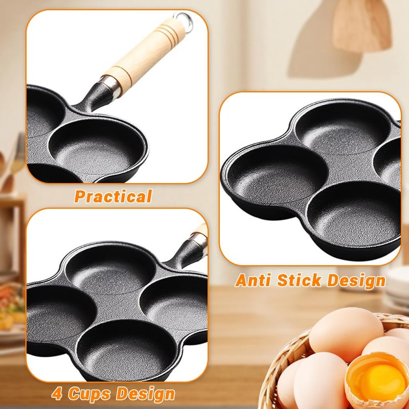 Sunicon 4 Cup Eggs Pan, Cast Iron Fried Egg Pan,