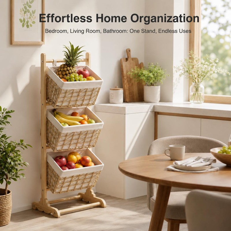 Three-Tier Floor-Standing Storage Rack, Hand-Woven Storage Basket, Vertical Storage Rack,