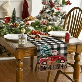 Artoid Mode Buffalo Plaid Merry Christmas Tree Table Runner, Seasonal Truck Gifts Kitchen Dining Table Decoration for Outdoor Home Party 13x108 Inch
