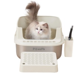 PawsPik Enclosed XL Stainless Steel Litter Box with high Wall Sides, Leak-Resistant, Easy Cleaning, with Lid, Step, and Metal Scooper (Beige)