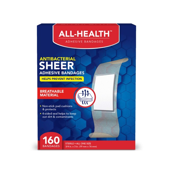 All Health Antibacterial Sheer Adhesive Bandages, 3/4 in x 3 in, 160 ct | Helps Prevent Infection, Extra Large Comfortable Protection for First Aid and Wound Care