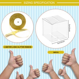 DOERDO 1 Roll+50 Pcs Clear Plastic Boxes Glitter Wrapping Ribbon, 2 x 2 x 2 Inch Macaron Cookie Cupcake Candy Box for Wedding Party Baby Shower Favors