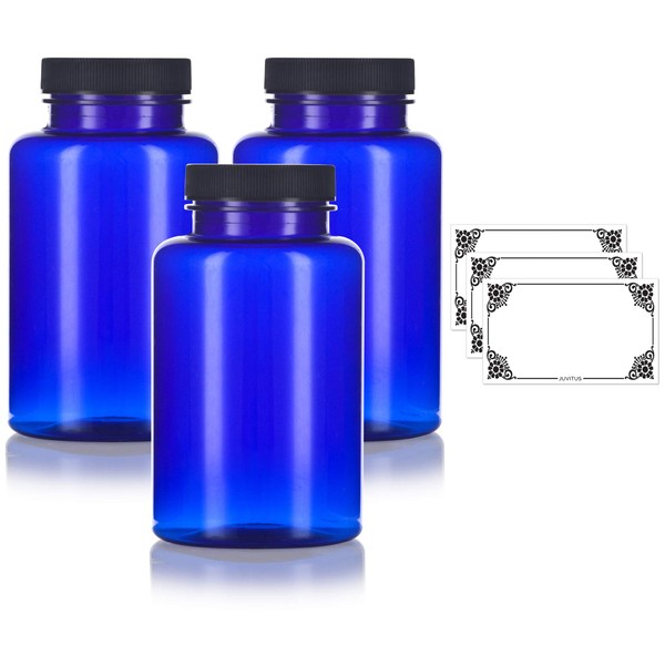 Cobalt PET Plastic Packer Bottle with Black Ribbed Lid 8 oz (3 pack) + Labels
