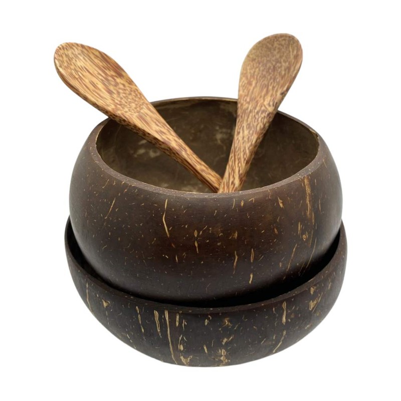 VIE Gourmet Coconut Bowls and Spoons, Set of 2, Black,