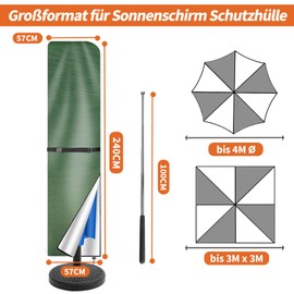 wiipara Parasol Protective Cover with Rod, Cover for Parasol 3 m to 4 m Large Cantilever Parasol Protective Cover, UV Protection, Weatherproof, Windproof and Snow-Proof, 240 x 57/57 cm