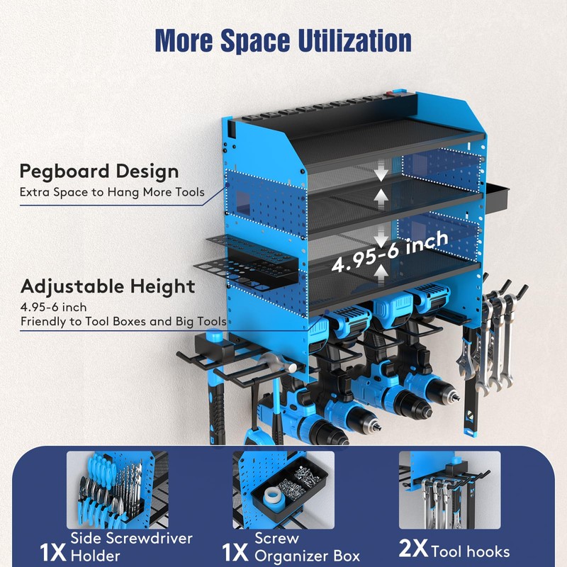 Heavy Duty Power Tool Organizer Wall Mount with Charging Station,