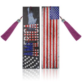 MWOOT 2 Pcs American Flag 5D Diamond Art Painting DIY Bookmarks, Marcadores Libro Pintura Diamantes Leather Tassel Bookmark, Statue of Liberty Beaded Book Marks for Independence Day July Fourth Gift