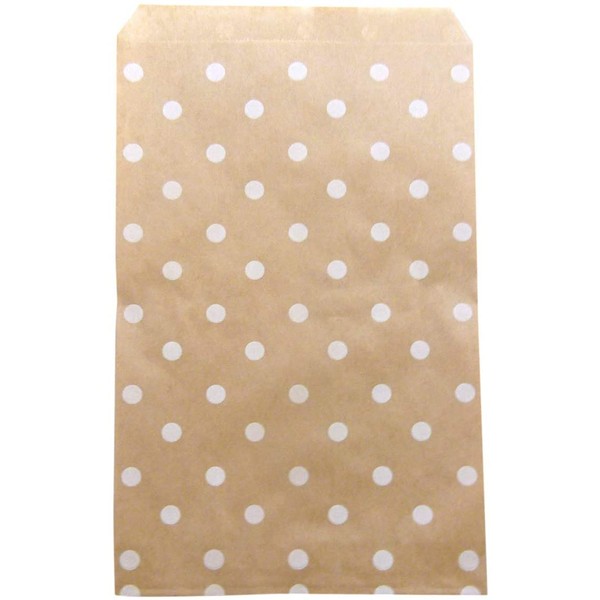 50 Qty 4" x 6" Decorative Flat Paper Gift Bags - White Polka-Dot on Brown Kraft Bags - For Sales/Treats/Parties Cookies/Gifts - N'icePackaging