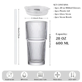 INSETLAN 20 oz Ribbed Glass Tumblers with Lids and Glass Straws – 4-Piece Glassware Set, Thickened Wall, Ideal for Iced Coffee, Smoothies, Cocktails, and Juices – Elegant and Durable Drinkware