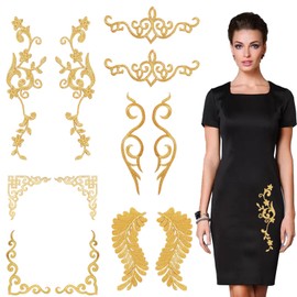 letsinstyle 12 PCS Gold Floral Embroidered Applique, Embroidery Flower Iron on Patches, Polyester Appliques for Wedding Dress Decoration Repair Clothing Backpacks Jeans Caps