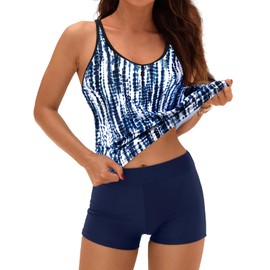 Yonique 2 Piece Tankini Swimsuits for Women with Boy Shorts Athletic Swim Tank Top Bathing Suits Blue Tie Dye S