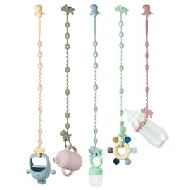 PandaEar Correas de juguete de silicona para bebé - Paquete de 5 dinosaurios para sostener juguetes de bebé - Arnés ajustable de dentición y chupete - Correas de silicona para biberones, cochecitos
