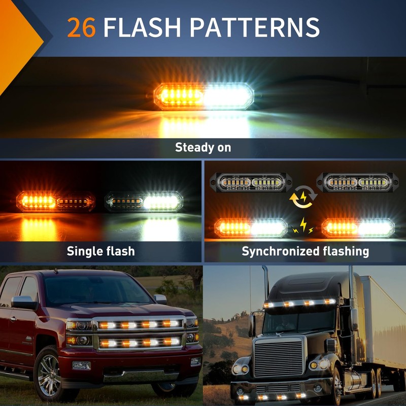 Nilight 8PCS Led Strobe lights 12LED Amber White Emergency Light