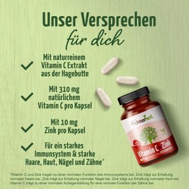 Vitamin-C + Zink 120 Kapseln | hochdosiert mit 310mg Vitamin-C und 10mg Zink | mit natürlichem Vitamin-C aus der Hagebutte | vegan | Immunschutzkombination| vom Achterhof