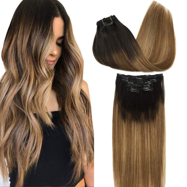 GOO GOO Remy Hair Extensions Clip in Human Hair Extensions Ombre Dark Brown Fading to Chestnut Brown and Dirty Blonde Natural Clip in Extensions Balayage Hair Extensions 7pcs 120g 16 inch