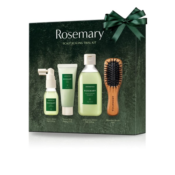 AROMATICA Rosemary Scalp Scaling Trial Kit - Gift set - Mini Wooden Hair Brush - [Shampoo 3.38 fl. oz. / Root Enhancer 1.01 fl. oz. / Scalp Scrub 1.01 fl. oz.] - For Clearer and Dandruff Free Hair - Plant-based Vegan Shampoo - Free from Sulfate, Silicone,