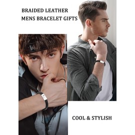 HAYOUWAY Mens Leather Bracelet with Initials Letter A-Z Bracelets for Women, Adjustable Braided Leather Bracelet with Stainless Steel Magnetic Clasp Black Leather Bracelet Jewelry Gifts for Men Boys