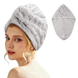Toalla de Microfibra para el Cabello，Secado de Pelo Rápido; Gorro Absorbente de Agua para Mujeres; Turbante Suave de Baño con Botones. (Gris)