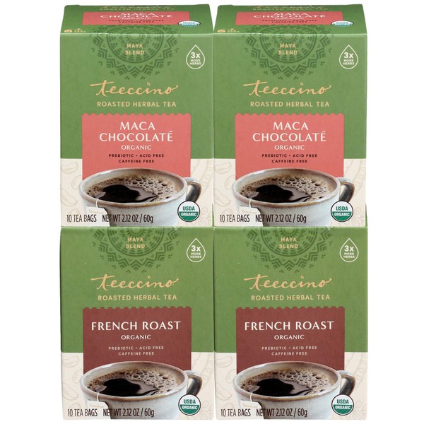 Teeccino Chicory té de hierbas tostadas, paquete variado (tostado francés, chocolate de maca), sin cafeína, sin ácidos, sustituto de café, prebiótico, 10 bolsas de té (paquete de 4)
