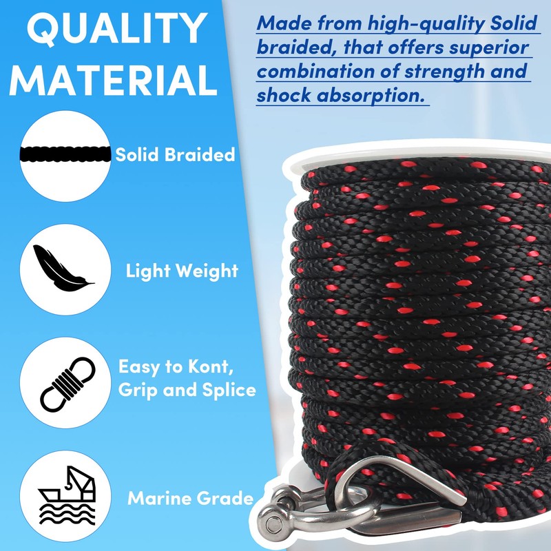 Premium Anchor Rope 50 ft x 3/8 inch, Solid Braid