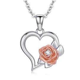 Diamond Rose Heart Necklace for Women 925 Sterling Silver Love Heart Pendant Valentine's Jewelry Gifts for Women Mother (D color, VVS clarity)