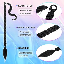 Mebeli Braided Ponytail Extension for Black Women - 36 Inch Long Straight Wrap With Braid and Hair Tie - 1B