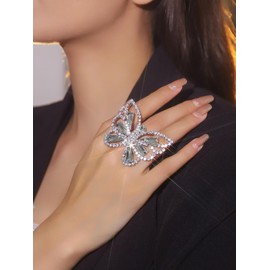 Rhinestone Butterfly Ring Sparkling Bow-Knot Knuckle Ring Wedding Jewelry for Women (BXR907PL-W, One size)