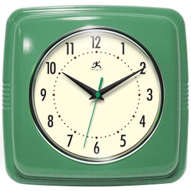 Infinity Instruments Square Silent Retro 9 inch Mid Century Modern Kitchen Diner Retro Wall Clock Quartz Sweep Movement (Green)