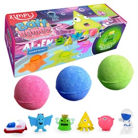 ZIMPLI - 3 x Large 100g Alien Surprise Baff Bombz, 1 dei 6 giocattoli alieni da collezionare, uno per ogni bomba da bagno, regalo di compleanno per bambini, giocattolo da bagno
