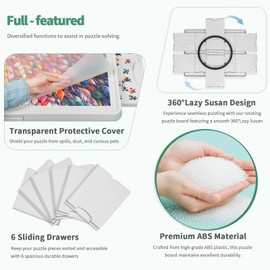 ALL4JIG 1500 Pieces Lightweight Rotating Plastic Puzzle Board with 6 Sliding Drawers and Protective Cover, 360° Lazy Susan Design, 34.25"x26.38" Portable Spinning Puzzle Table for Adults, Ideal Gift