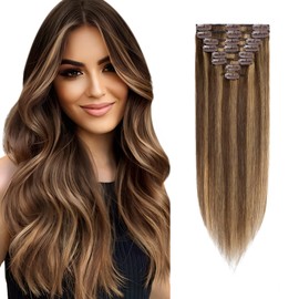 Rich Choices Clip-In Real Hair Extensions, Pack of 8, 45 cm, #4/27 Blonde Strands, Invisible Hair Extensions, Real Hair Clip-In Extensions, Remy, Silky Straight, Natural, Thin Wefts
