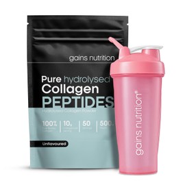 GN Hydrolysed Collagen Peptides Powder, Bovine, Unflavoured, Type I and III, 10g per Serving, 50 Servings, 500g, with 600ml Shaker