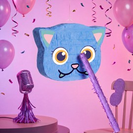 Sosation Cat Piñata 12.5 x 9 Inch Blue Cat Shaped Piñata with Blindfold Bat for Purple Birthday Decoration Friendship Fans Favor Decoration Wedding