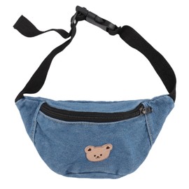 Kids Cool Waist Bag Bear Pattern Adjustable Button Small Canvas Children Cartoon Waist Bag for Key Light Blue
