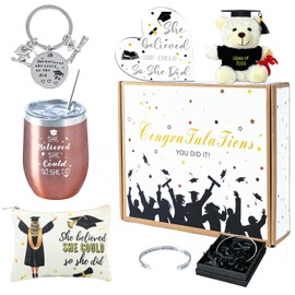 yesaior 2025 Graduation Gifts for Her, She Believed She Could So She Did, Congrats Grad Gift Basket Set Lnclude Acrylic Decoration of Love, Thermos Cup, Makeup Bag, Key Chain, Bracelet, Teddy bear