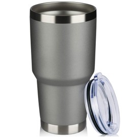 MEWAY 30 oz / paquete de 1 tazas de viaje con aislamiento al vacío de doble pared, vaso de acero inoxidable con tapa, pajita, taza de café aislada con recubrimiento de polvo duradero para bebidas frías y calientes (gris frío, 1)