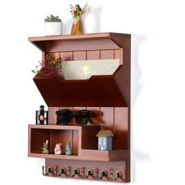 DOPACE Key Holder for Wall, Mail and Key Holder, Mail Organizer Wall Mounted, Key and Mail Holder for Wall with 6 Key Hooks, Pine Wood Luxury Auburn